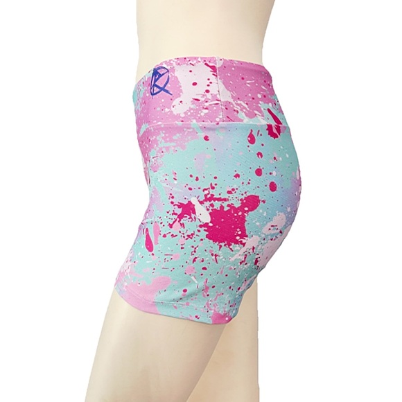 Upper Just Fitness Shorts 3” Women M Multicolor Paint Splash UNIQUE Art To Wear - Picture 2 of 8